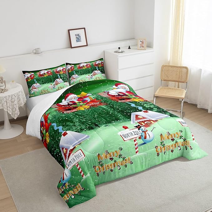 Feelyou Santa Claus Printed Comforter Set Christmas Bedding Set for Kids Boys Girls Galaxy Blue Cute Decor Comforter Snowman Snowflake Quilt Collection 3Pcs King Size