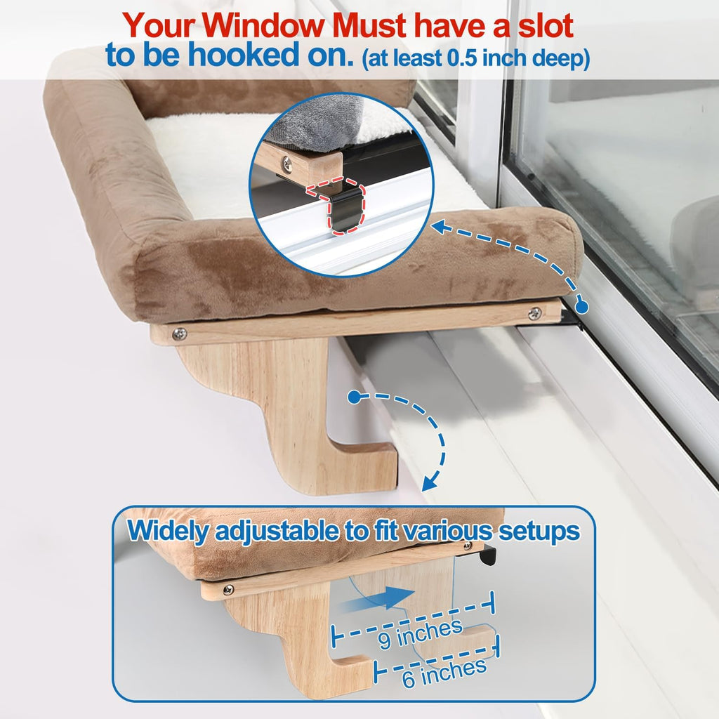 Cat Perch for Window Sill with Bolster - Orthopedic Hammock Design with Premium Hardwood & Robust Metal Frame - Cat Window Seat for Large Cats and Kittens - Natural Color Wood with Brown Bed