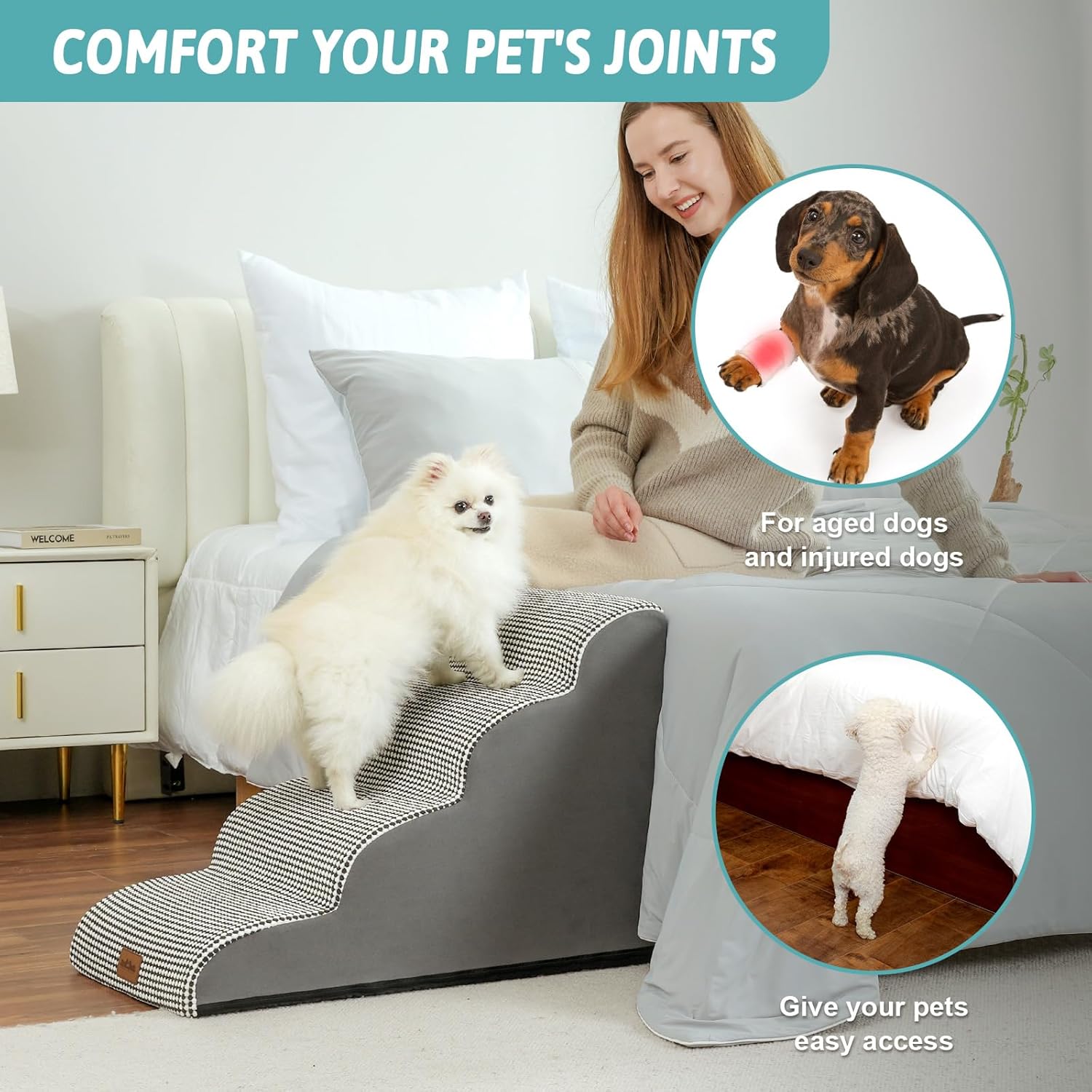 Dog Stairs for Small Dogs 19.7" H, Curved Dog Step for Puppy, Older or Cat, Medium Pet Ramp for Sofa, Couch or Bed, Ladder with High Density Foam, 15.7x28.3x19.7 inch, 4 Step, White Black