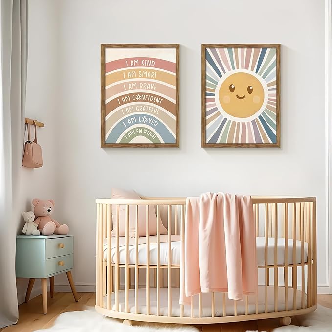 Dytila 2 Piece Framed Boho Rainbow Kids Room Wall Art, Positive Affirmations Playroom Wall Decor, Sun Smiley Face Nursery Painting Canvas Prints for Classroom Toddler Room Decor 12x16 Inch
