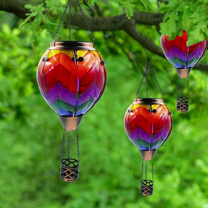 Glass Solar Hot Air Balloon Lantern with Flame Hanging Garden Flickering Light Outdoor Waterproof for Yard Patio Tree Mother's Day Gift, Wavy-Colorful