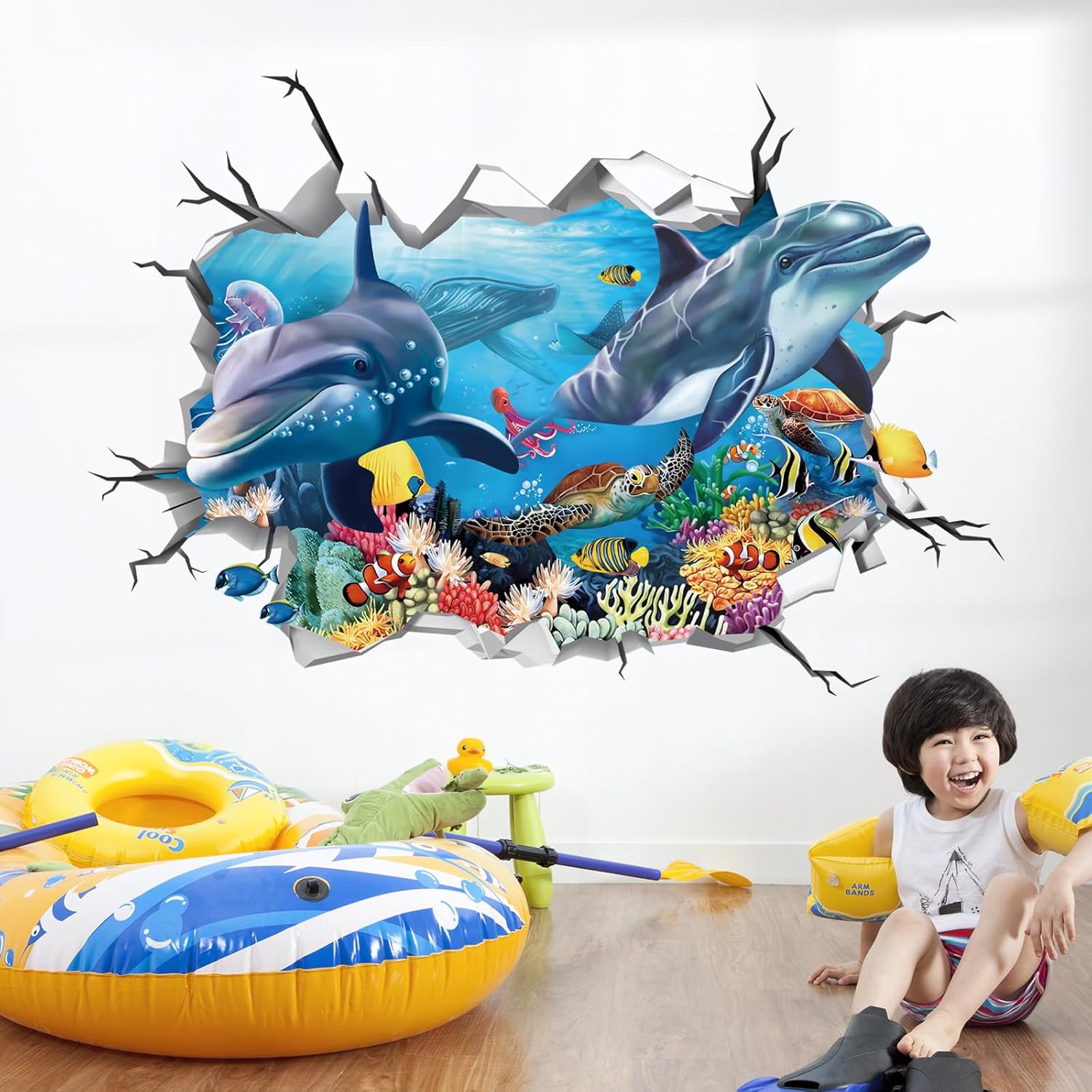 decalmile 3D Under The Sea Dolphin Fish Wall Decals Ocean Turtle Seaweed Broken Wall Stickers Boys Bedroom Living Room Bathroom Wall Decor