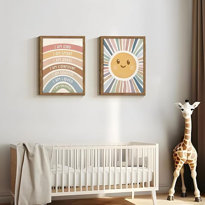 Dytila 2 Piece Framed Boho Rainbow Kids Room Wall Art, Positive Affirmations Playroom Wall Decor, Sun Smiley Face Nursery Painting Canvas Prints for Classroom Toddler Room Decor 16x24 Inch