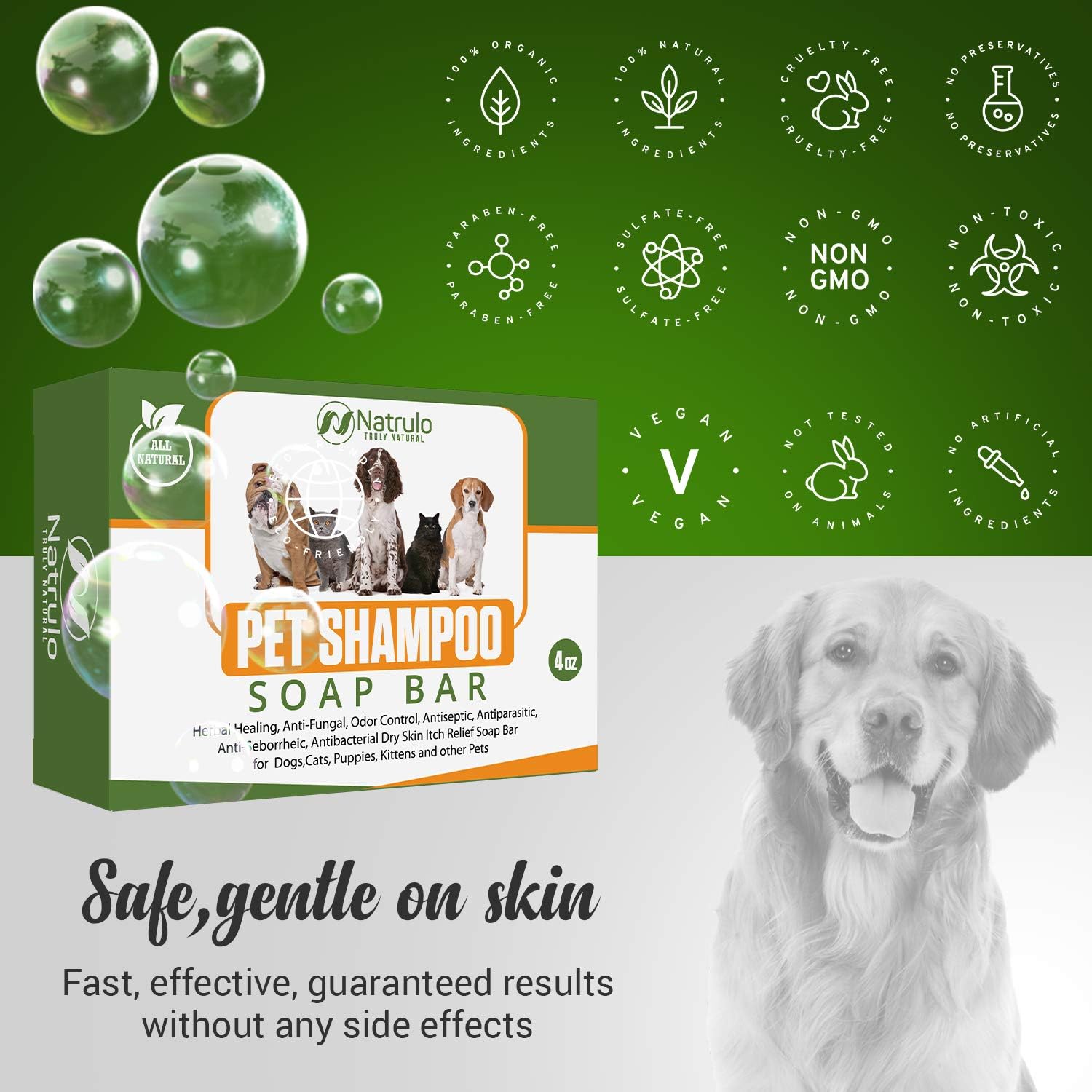Natrulo All Natural Pet Shampoo Soap Bar for Dogs, Cats, Puppies – Herbal Healing Dry Skin Itch Relief, Odor Control Bar Soap for Pets – Gentle, Plant-Based, Easy-to-Use Pet Soap Bar Made in USA