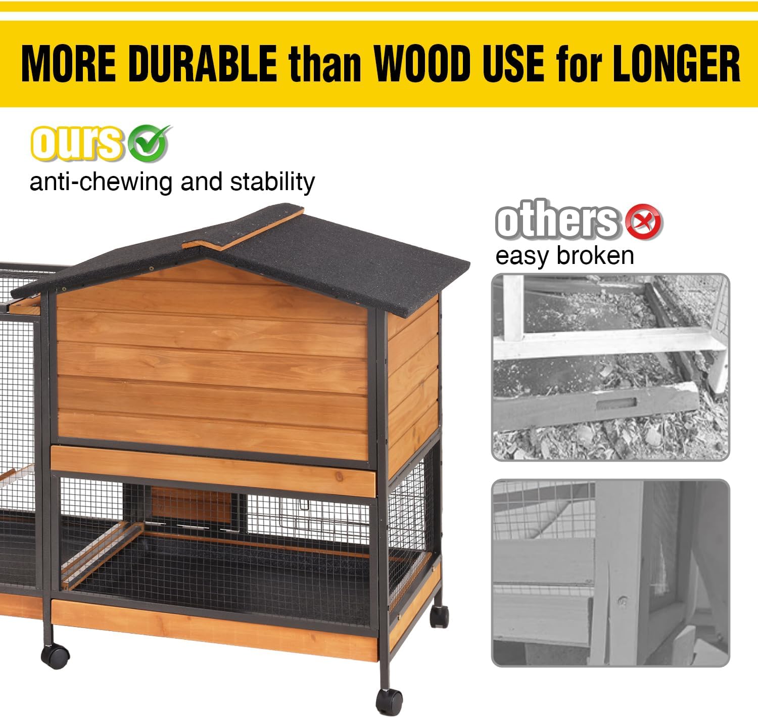 AIVITUVIN Rabbit Hutch Indoor with Metal Frame Rabbit Cage with Pull Out Tray No Leakage Bunny Cage with Wheel Guinea Pig Cage