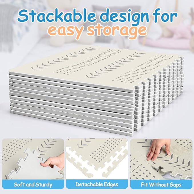 Tinideya 12 Tiles Baby Play Mats 6ft x 8ft Cream Color Puzzle Floor Mat Toddlers Waterproof Crawling Mat for Tummy Time, Crawling & Playroom