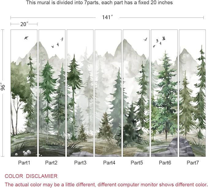 Forest Wallpaper Watercolor Green Woodland Mural Wallpaper for Nursery Room (Not Peel n' Stick)
