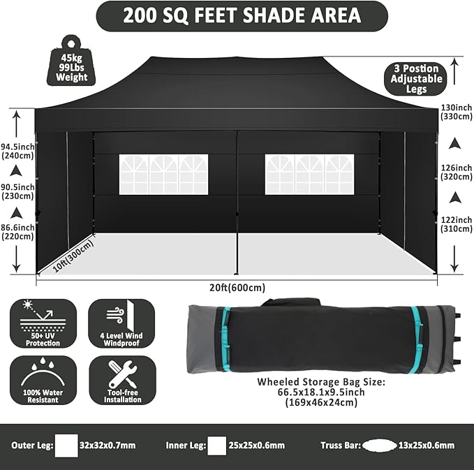 COBIZI 10x20 Pop Up Canopy with 6 Sidewall,Heavy Duty Canopy UPF 50+ All Season Wind Waterproof Commercial Outdoor Wedding Party Tents for Parties Gazebo with Roller Bag(10 x 20 ft Black)