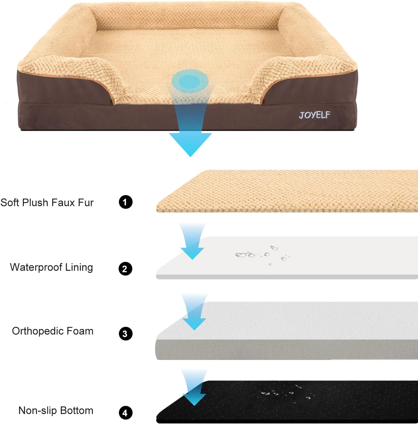 JOYELF Orthopedic Dog Bed for Large Dogs, Waterproof & Washable Cover, Nonskid, Coffee