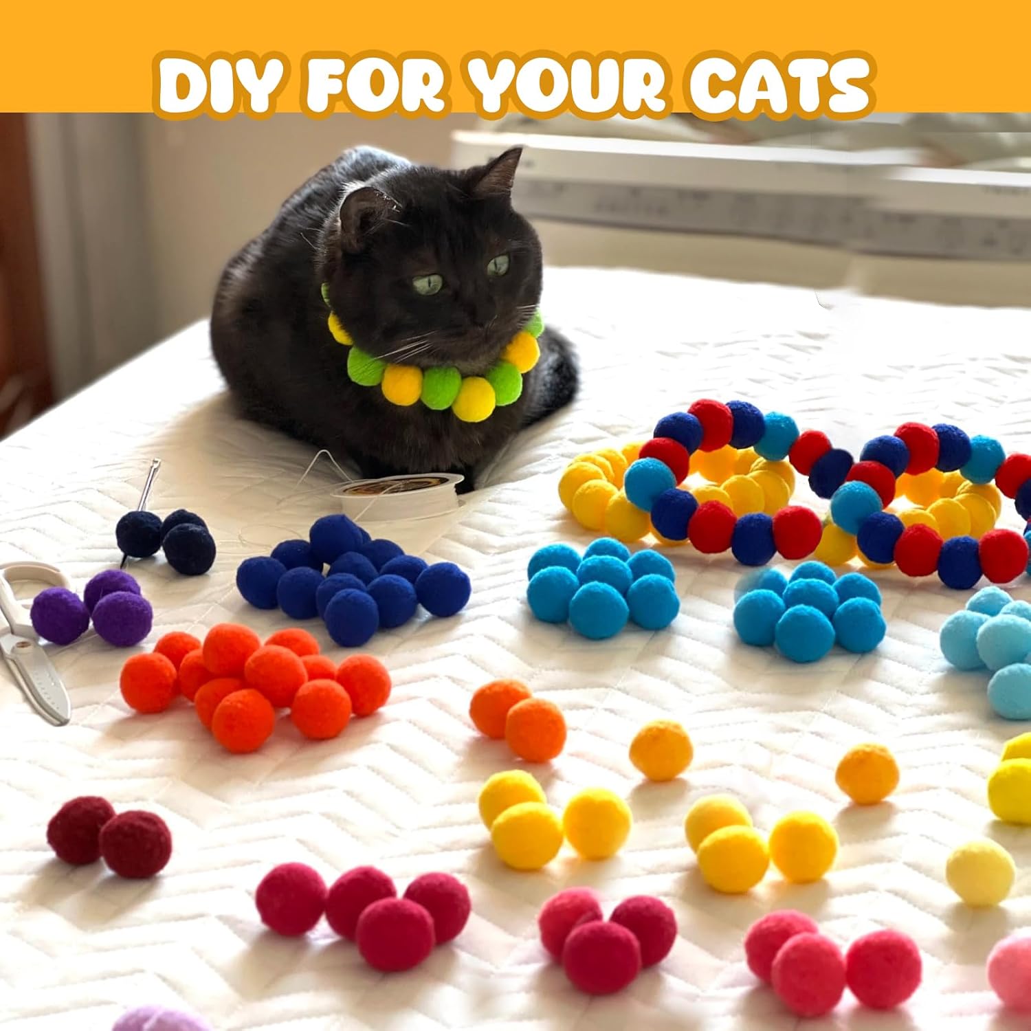100Pcs Cat Toys Pom Pom Balls with 2 Launchers Set, Interactive Cat Toy Stuff for Indoor Both Adult & Kitten Toys