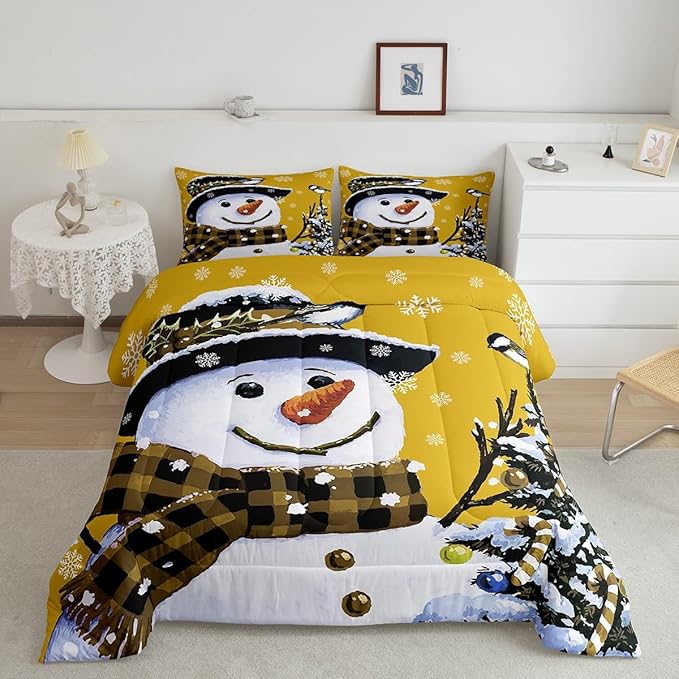 Feelyou Kids Christmas Theme Decorations Bedding Set Xmas Snowman Comforter Set for Boys Girls Snowflake Kawaii Cute Comforter Bright Yellow Quilt Set Bedroom Collection Full Size