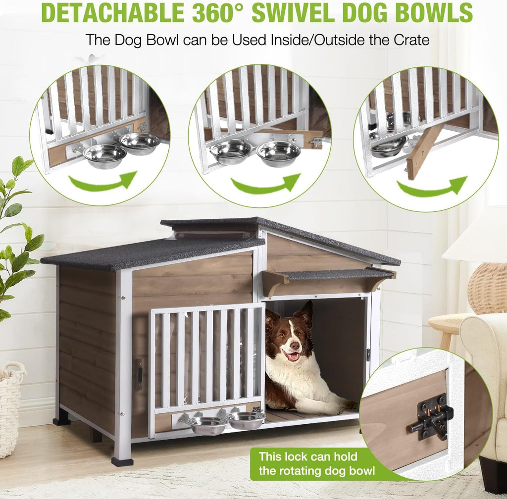 Dog House Outdoor with Bowls Weatherproof Dog Kennel with Anti-Chewing Iron Frame Dog Shelter for Small Medium Dogs(Light Brown)