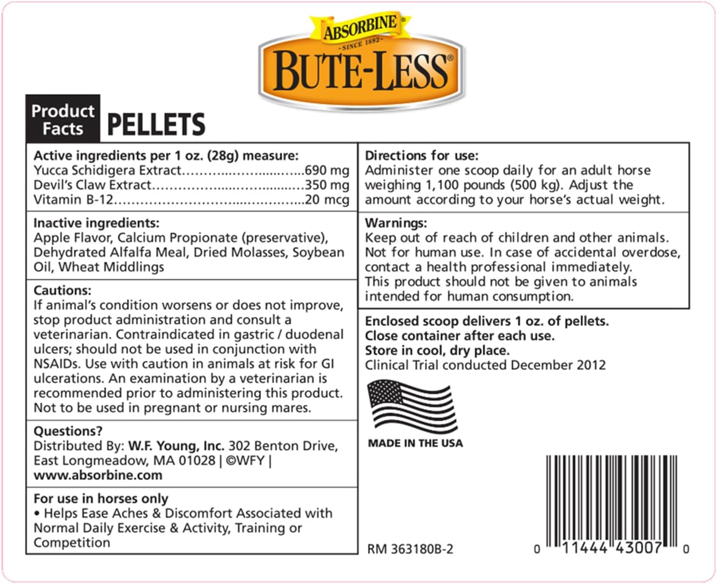 Absorbine Bute-Less Comfort & Recovery Support Supplement, Provides Long-Term Comfort, Gentle on Stomach, Includes Devil’s Claw, Vitamin B-12, Yucca, 10 lb / 160 Day Supply