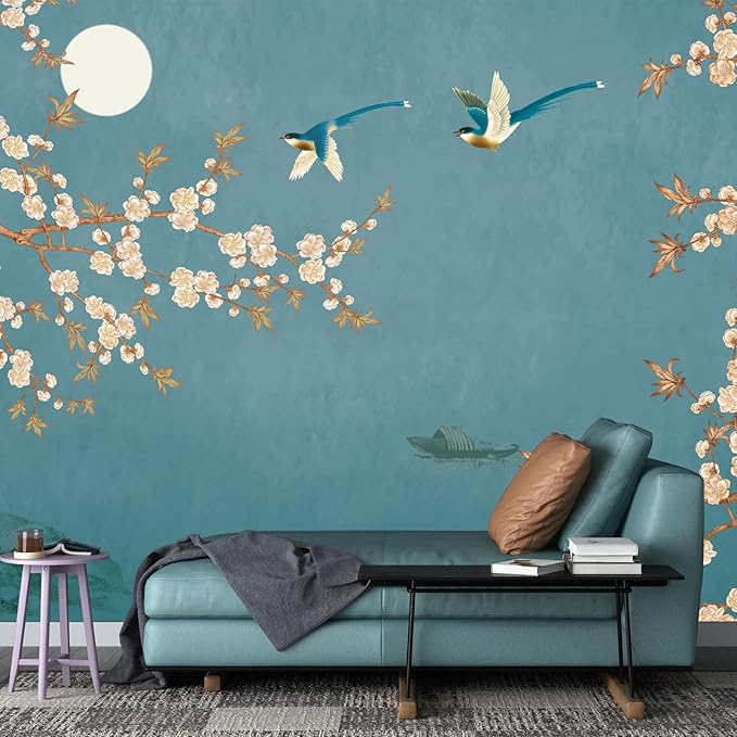 Spring Flowers Bird Wallpaper Chinoiserie Tree Wall Mural Blue Background Wall Decals (Not Peel n' Stick)