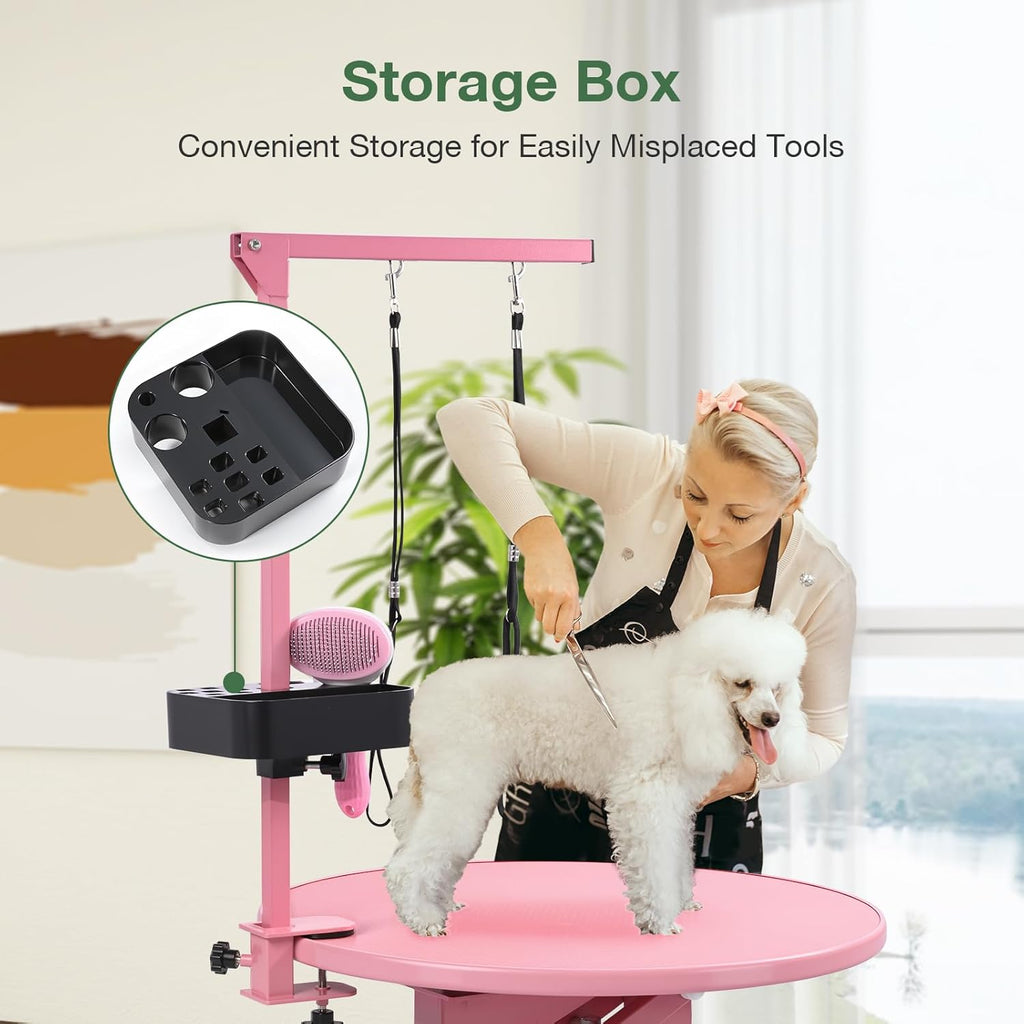 Electric Hydraulic Lift Pet Dog Grooming Table, 24Inch Grooming Desktop for Small Dogs, with Overhead Arm, Wireless Remote, Tool Organizer, Pink