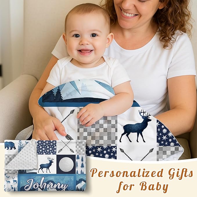 Personalized Baby Blankets for Girls Boys, Custom Blue Deer Baby Blanket with Name for Kids, Flannel Bed Throw Blanket for Newborn, Customized Gifts for Baby Shower Nursery Blanket(30”x40)