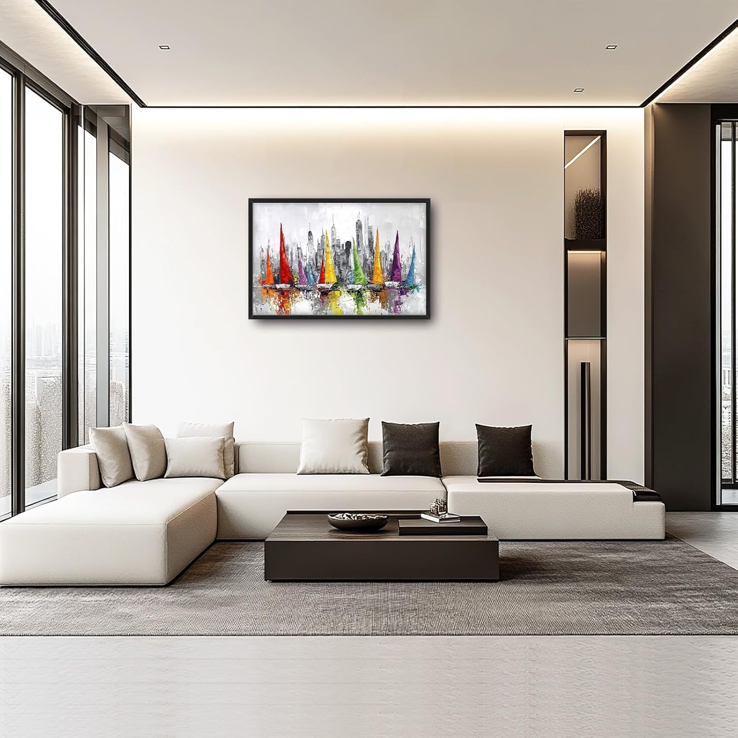 Framed Large Sailboat Wall Art for Living Room, Oversized Abstract City Wall Decor Colorful Sailboat Canvas Painting Pictures Modern Artwork for Living Room Bedroom Office Dinging Room 36"x24"