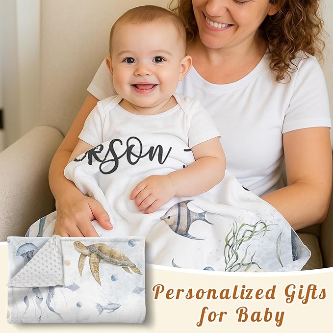 Personalized Baby Blanket with Name, Customized Baby Blanket for Kids Newborns, Soft Flannel with Double Layer Dotted Backing, Customized Gifts for Baby Shower Birthday, Sea Turtle(60" x80)