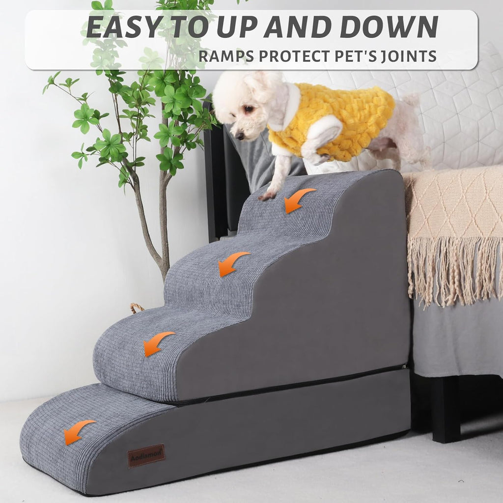 4-Step Dog Stairs and Ramp for Beds or Couches – Non-Slip Sturdy Pet Steps for Small Dogs and Cats,21" H,Grey