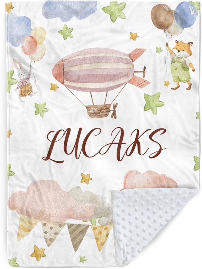Personalized Baby Blanket for Girls, Custom Name Blanket for Newborn New Mom, Soft Flannel with Double Layer Dotted Backing, Gifts for Baby Shower Christmas Birthday, Hot Air Balloons(30”x40)