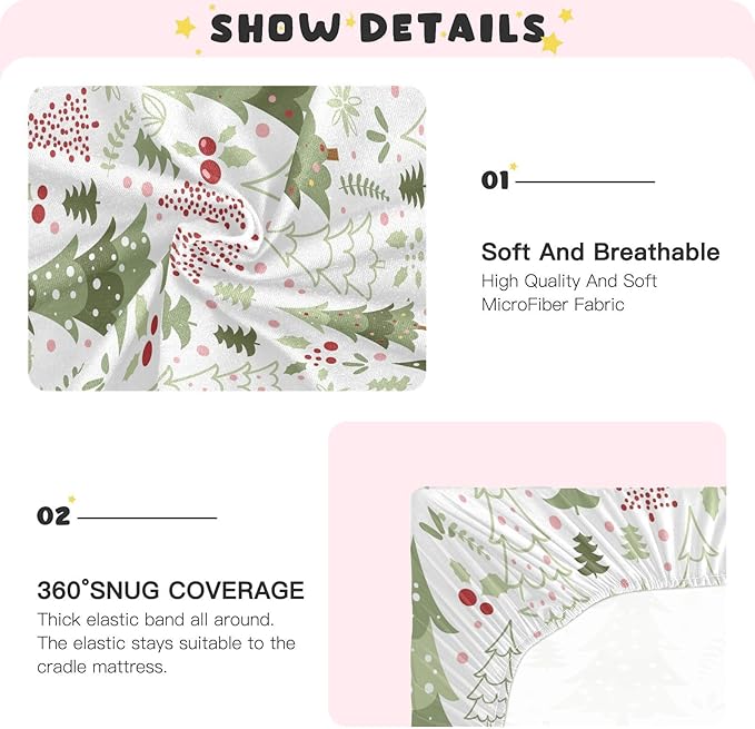 Cartoon Christmas Tree Crib Sheets for Boys Girls Soft Breathable Mini Crib Sheets for Baby 52" x 28"