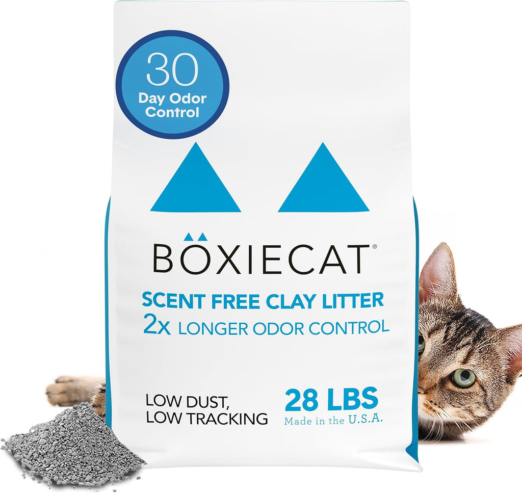 Boxie® Unscented 30 Day Odour Control Clumping Clay Cat & Kitty Litter 28 lb, 99.9% Dust-Free, Hard Flat Top® Clumps, No Fragrances No Fillers, Long-Lasting, Easy to Scoop