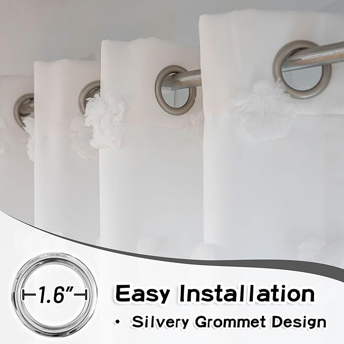 MYSKY HOME White Curtains for Kids Room & Nursery - 72 Inch Long Double Layer Sheer Curtains with Pom Poms & Grommets for Girls Bedroom & Living Room - Darkening Panels W52 X L72