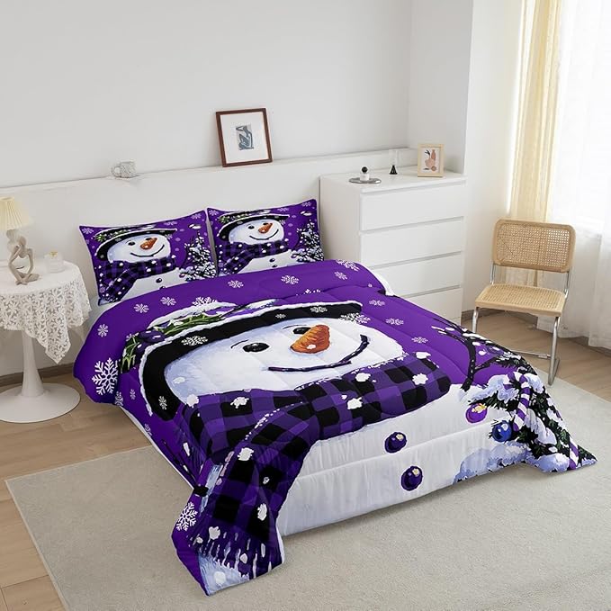 Feelyou Kids Christmas Theme Decorations Bedding Set Xmas Snowman Comforter Set for Boys Girls Snowflake Kawaii Cute Purple Bedroom Collection Full Size