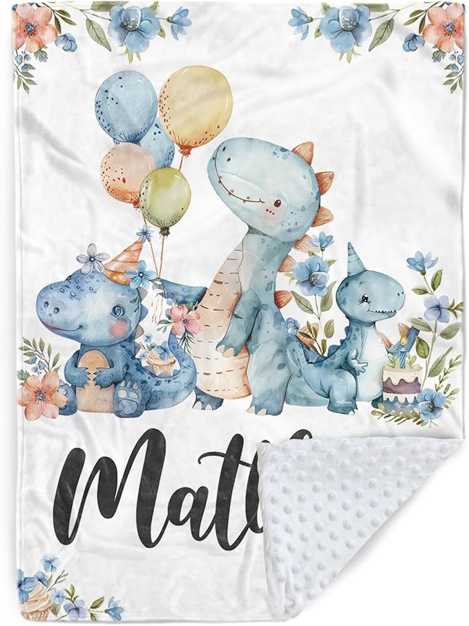 Personalized Baby Name Blanket for Boy Girl, Soft Flannel Blanket with Double Layer Dotted Backing for Infant Newborn, Nursery Crib with Dinosaur Design, Customized Gifts for New Mom(30”x40)