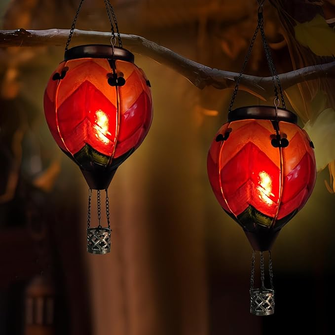 Glass Solar Hot Air Balloon Lantern with Flame Hanging Garden Flickering Light Outdoor Waterproof for Yard Patio Tree Mother's Day Gift, Wavy-Colorful