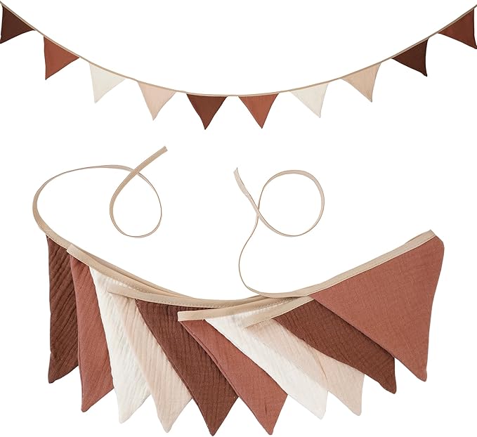 Fabric Bunting Banner, 2 Pack Handmade Neutral String Banner Each 8.5 ft 10 Flags Nursery Wall Hanging Wedding Birthday Home Baby Shower Party Decoration Bunting (Coffee Beige)