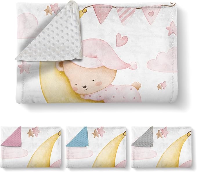 Personalized Baby Blanket for Girls, Custom Name Blanket for Newborn Toddler, Soft Flannel with Double Layer Dotted Backing, Gifts for Baby Shower Christmas Birthday, Pink Moon Bear(30”x40)