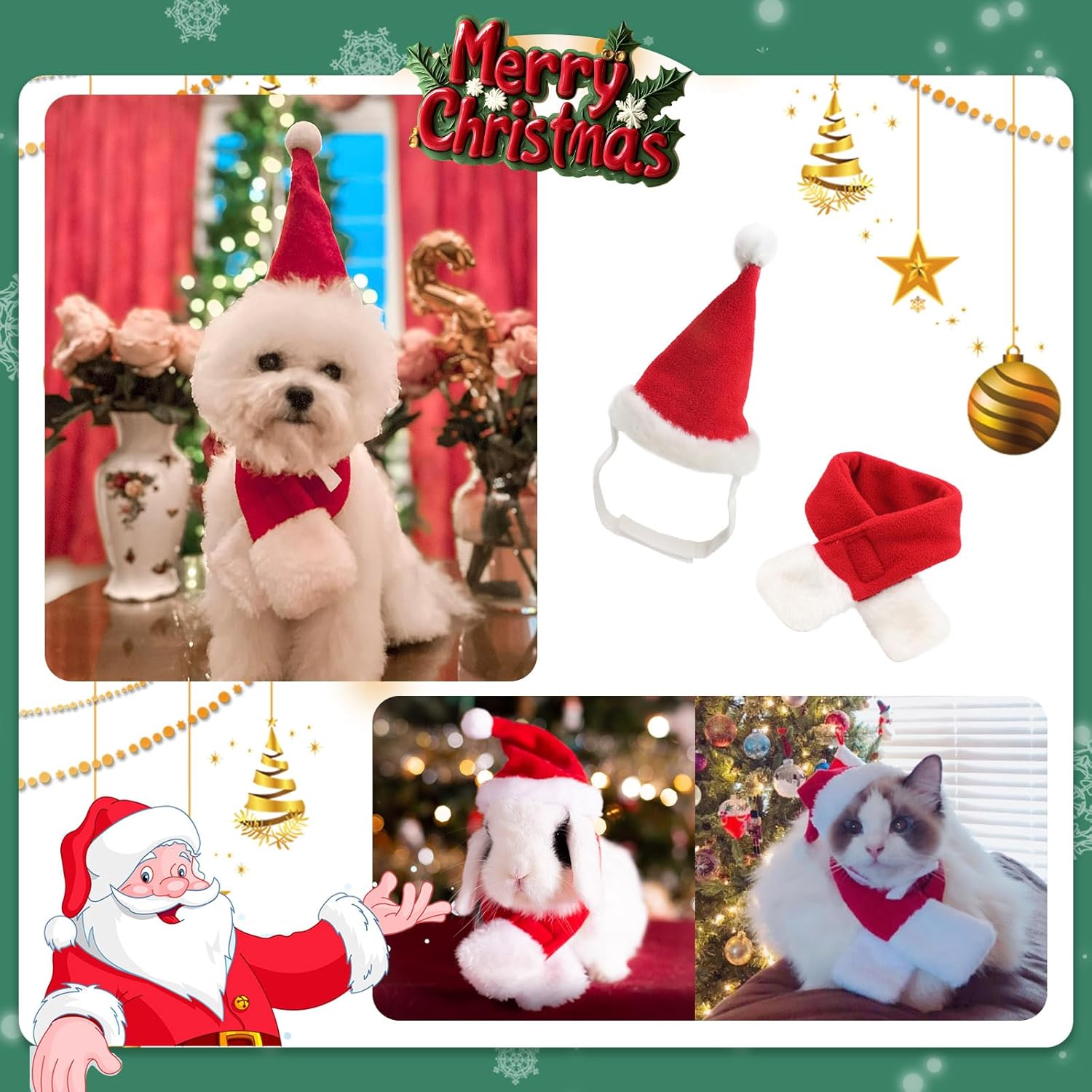 Enjoying Cat Christmas Costume, Santa Hat with Red Scarf for Cats Small Dogs, Rabbit Xmas Outfit, Pet Santa Claus Hat Scarf for Cold Day Head and Neck Warm, New Year Party Cosplay