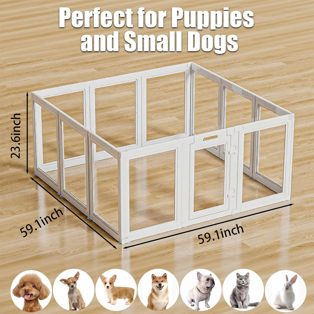 Clear Acrylic Dog Playpen Transparent Dog Playpens Indoor, Small Pet Play Pen for Small Dogs, Puppies, Cats & Rabbits, Assemble & Disassemble, with Door & Suction Cups (23.6" H, 12PCS),White