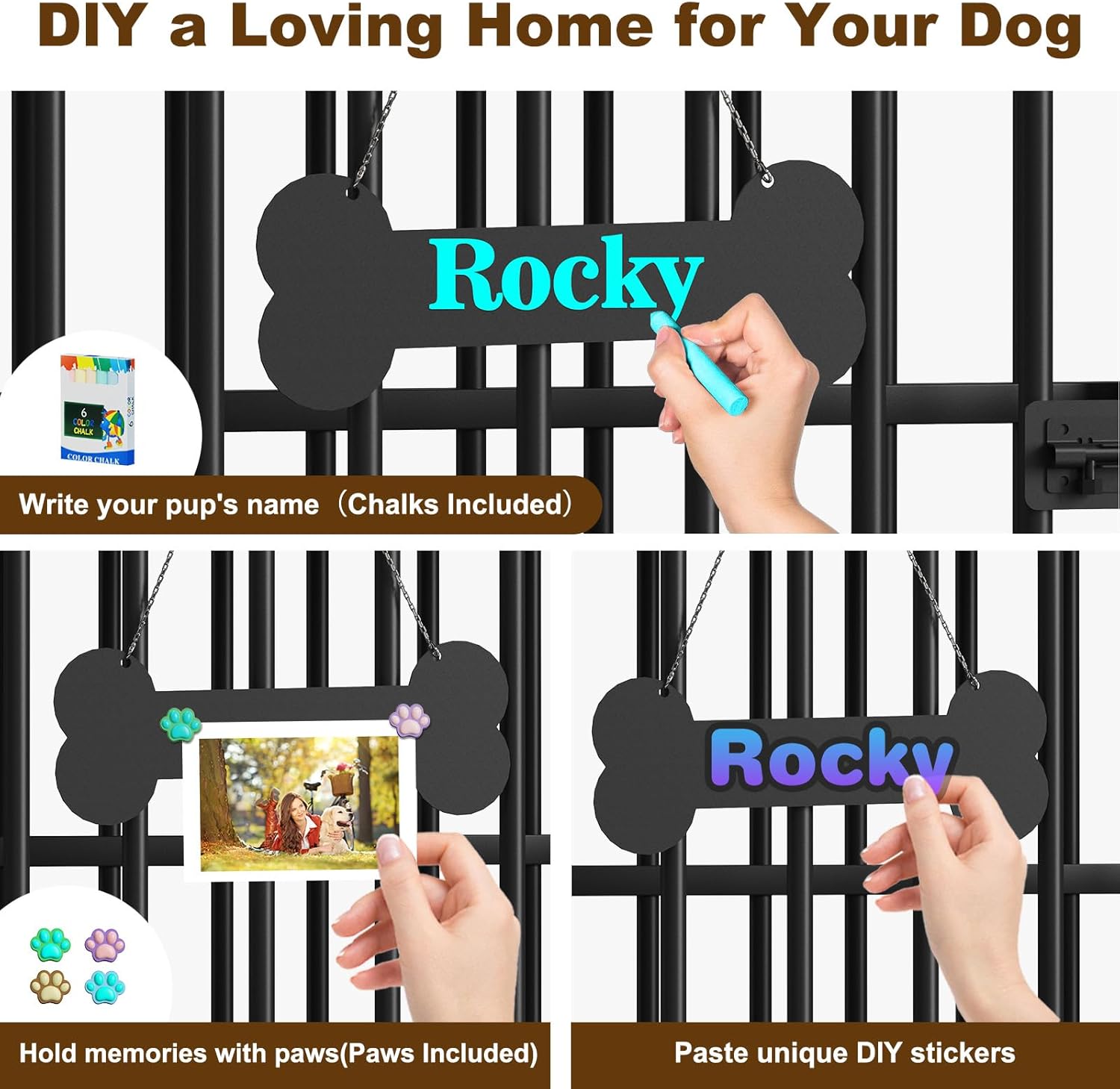 Easycom 41" Dog Crate Furniture Foldable, No Assembly Decorative Dog Kennel Indoor, Dog Crates for Large Dogs (40-65 lbs), Wooden Dog Cage with Adjustable Bowls and Name Tag, End Table, Oak Grey