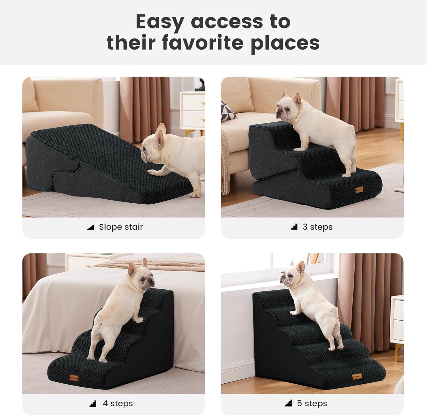 Gardner Pet Dog Stairs for Small Dogs 16.5" H, 2 in 1 Transformable 3-Step Pet Stairs and Dog Ramp for Couch (13-20 in), Black Adjustable Pet Steps with Non-Slip Waterproof Cover and CertiPUR-US Foam