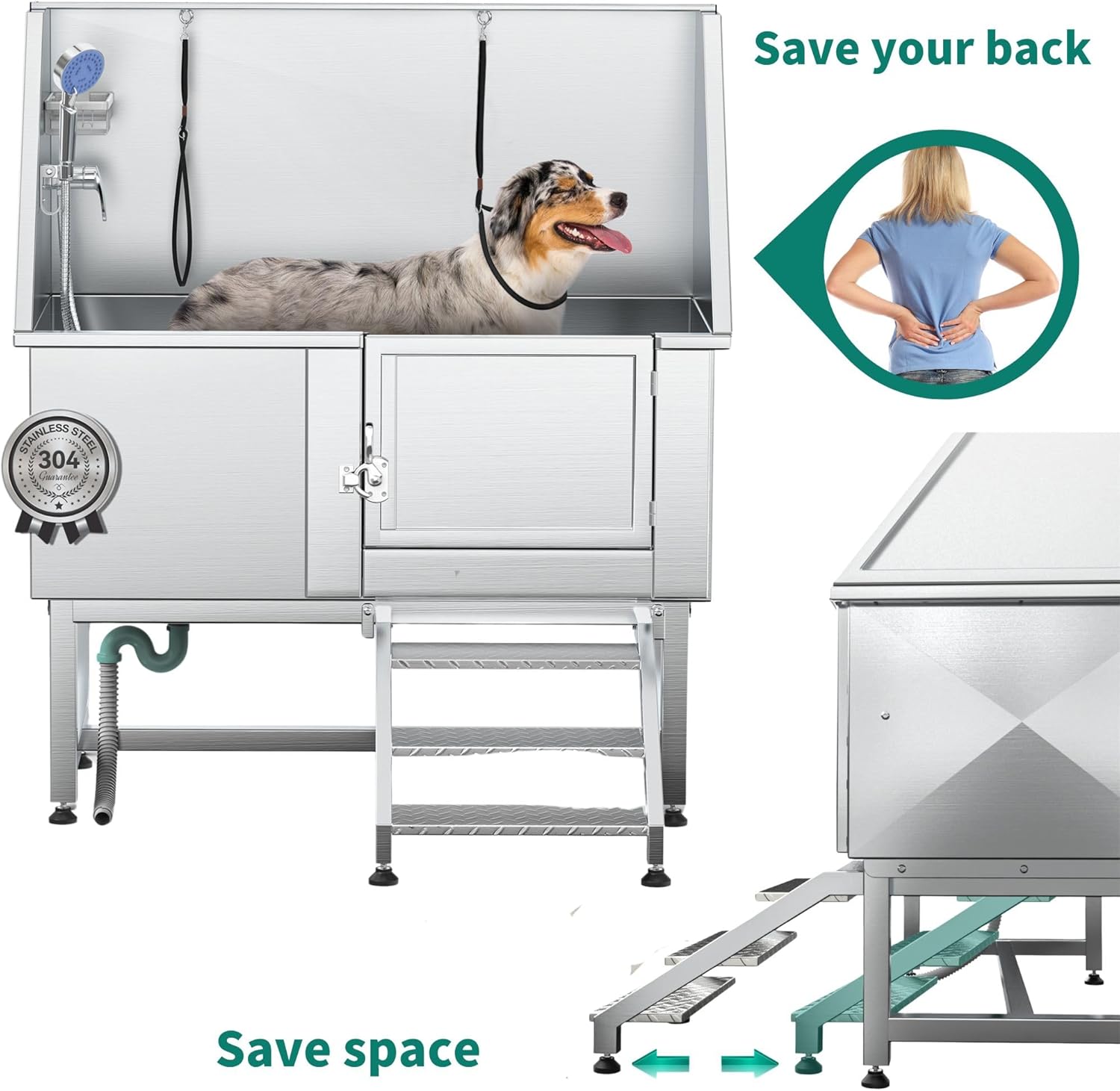 YITAHOME Professional Dog Bathtub 50in, Stainless Steel 304 Pet Grooming Station with Right Door & Floor Grate, Ideal for Large to Small Pets, Indoor & Outdoor Use