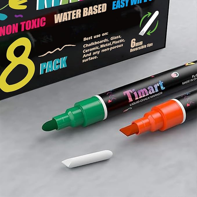 Timart Liquid Chalk Markers, 6mm Bold Tip Chalk Pens, Dry Erase Marker Pens for Chalkboards, Signs, Blackboards, Windows, Glass - Reversible Tip, First Day of School Board Pens (Classic)