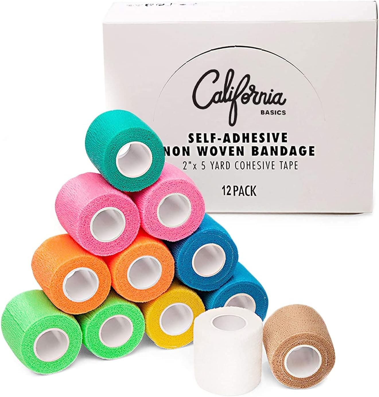 California Basics, Self Adhesive Bandage Wrap, 2 Inch by 5 Yards Non Woven Cohesive Bandage Rolls, 24 Pack, Vet/Stretch Wrap, Multi Colored Neon Medical Athletic Tape for Wrist, Waterproof