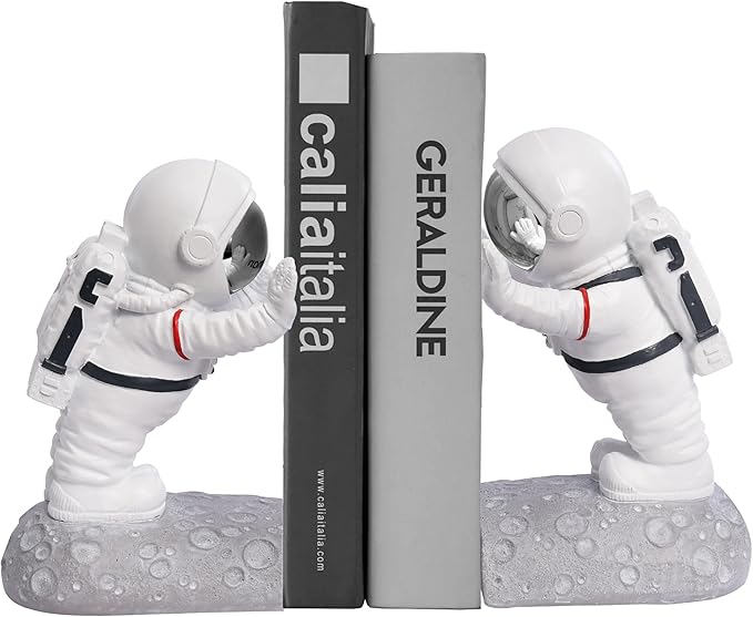Book End Holder, Astronaut Bookends Outer Space Themed Astronaut Figurine Decorative Book Stoppers to Hold Books Heavy Duty Bookshelf Ends for Kids Rooms Space Decor Bookends (A-Silver Color)