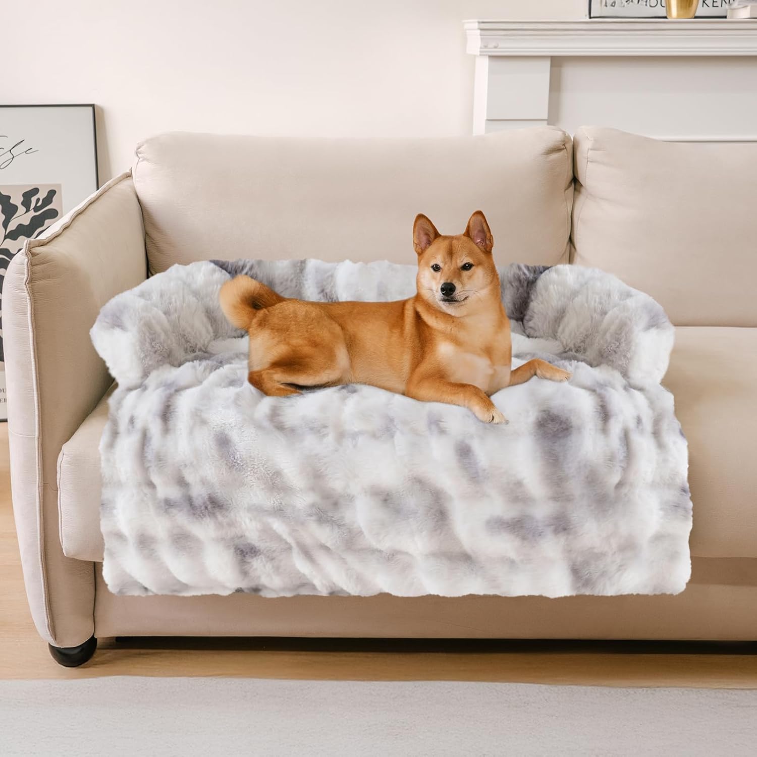FUNNY FUZZY Pet Fluffy Fuzzy Calming Dog Couch Bed Sofa Protector Washable Pets Mat for Large Medium Small Dogs and Cats (Tie-dye Grey,37.4 × 33.46 × 6.3 in)