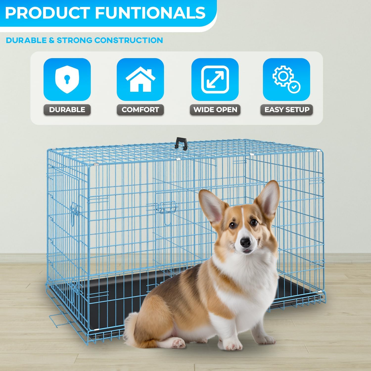 FDW Dog Crate for Small Dogs 24 Inch Folding Metal WirePet Cage Double Door W/Divider Panel Indoor Outdoor Kennel Leak-Proof Plastic Tray,Blue