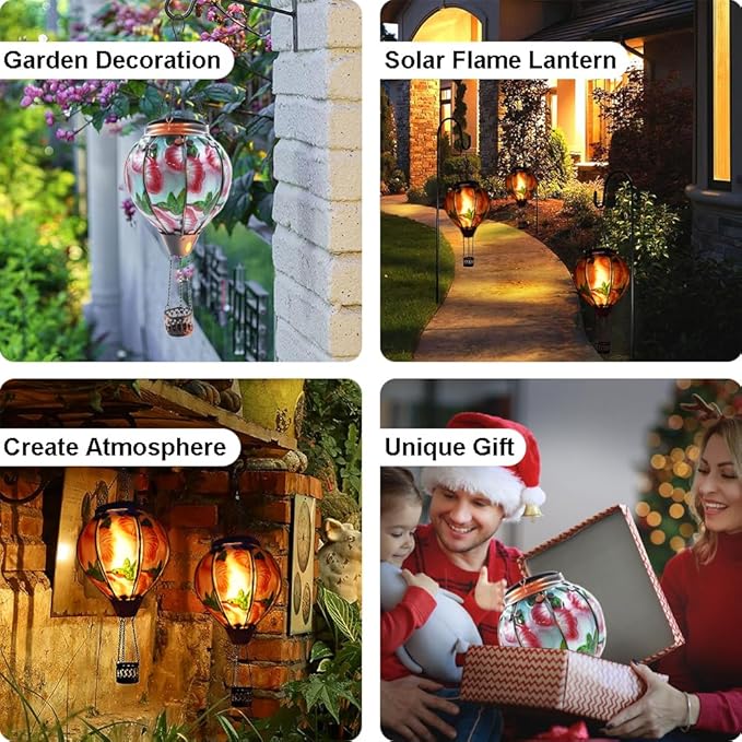 Hot Air Balloon Solar Lantern with Flickering Flame, Glass Hanging Garden Lights Outdoor Waterproof for Tree Yard Patio Mother's Day Gift, 18" H Hummingbird-Red