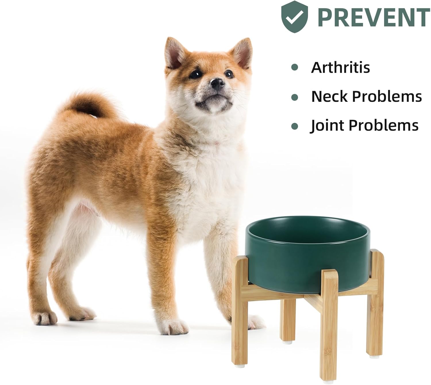 Ceramic Elevated Dog Bowl Set, Food and Water Bowl for Medium Dogs, Weighted Dishes, Green (7.3'', 41OZ)