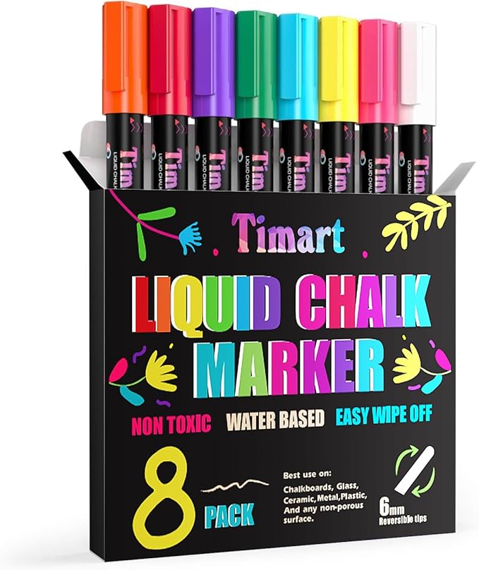 Timart Liquid Chalk Markers, 6mm Bold Tip Chalk Pens, Dry Erase Marker Pens for Chalkboards, Signs, Blackboards, Windows, Glass - Reversible Tip, First Day of School Board Pens (Classic)