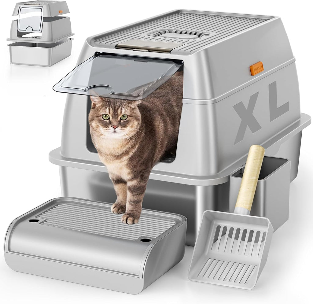 Stainless Steel Cat Litter Box with Lid, XL Extra Large Litter Box for Big Cats, Enclosed Removable Metal Litter Boxs with High Sided Enclosure & Scoop, Anti-Leakage, Non-Sticky, Easy Cleaning(Grey)