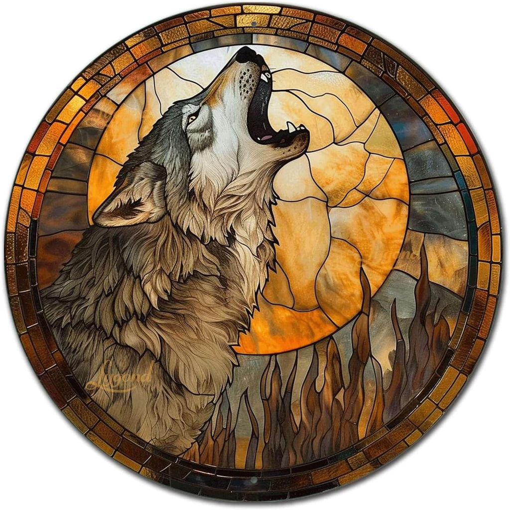 Lygond Metal Sign Tin Sign Circular Stained Glass Gray Wolf Bar Signs for Home Bar for Bar 8×8 Inches