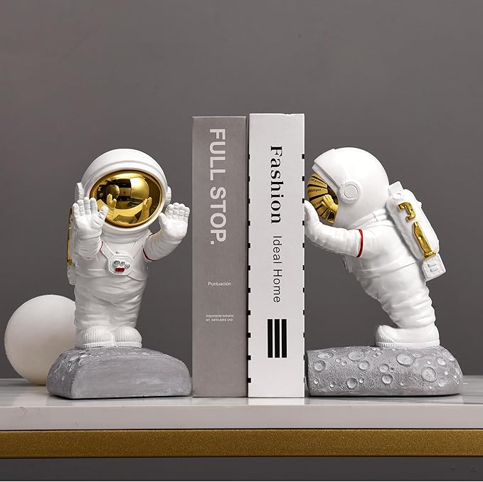 Decorative Space Theme Bookends - Astronaut Resin Bookends with Anti-Slip Base - Sturdy, Fun & Unique Book Holders for Heavy Books (Gold)