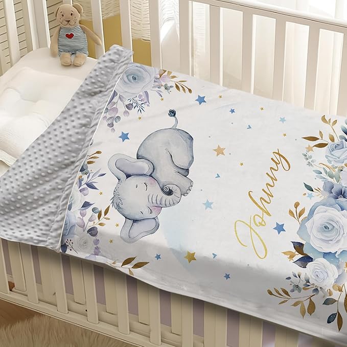 Personalized Baby Blanket for Boys Girls, Custom Baby Blanket with Name, Flannel Blue Elephant Blanket Personalized Gifts for Kids Newborn Infant, Ideal for Birthday Baby Shower(30”x40)