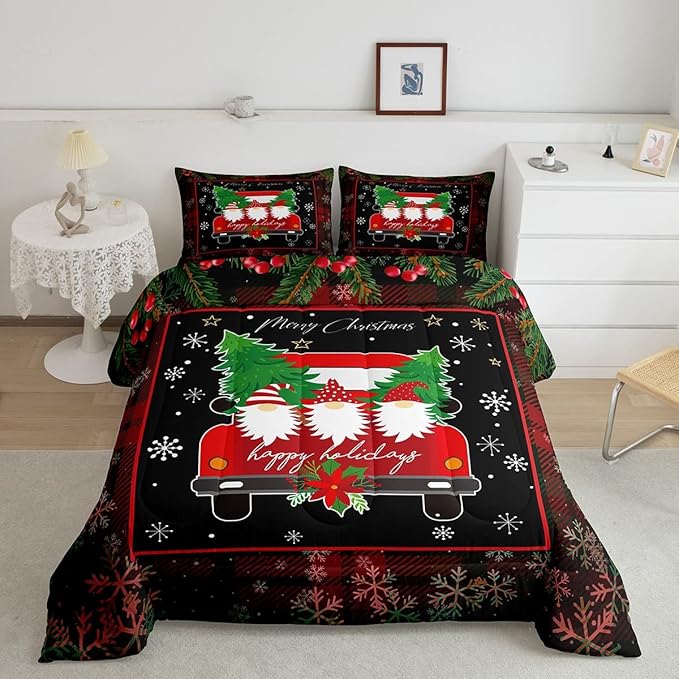 Feelyou Merry Christmas Bedding Sets for Kids, Black White Xmas Tree Car Snowflake Geometric Comforter Set King Size Decor 3 Pcs with 2 Pillow Cases Boys